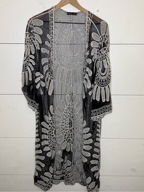 Shein • Sheer Black Embroidered Kimono Cover-Up One Size